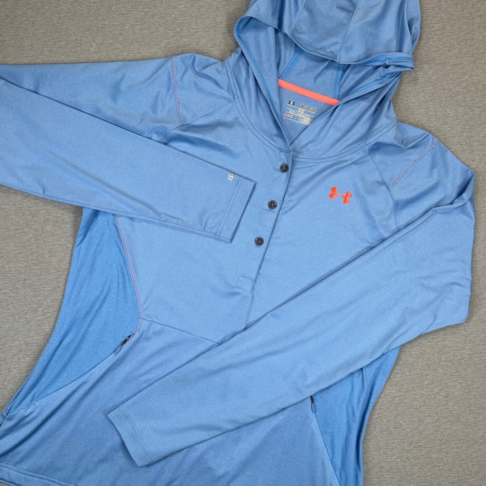Under Armour Womens Iso-Chill HeatGear Hoodie Blue 2XL Fitted Henley Top